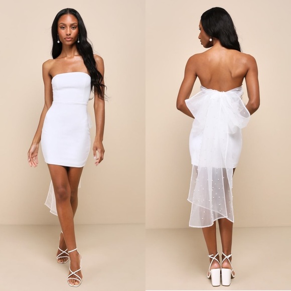 NWT LULUS Pearl Embellished Organza Bow Back Tie Strapless Bodycon Mini Dress L - Picture 1 of 6
